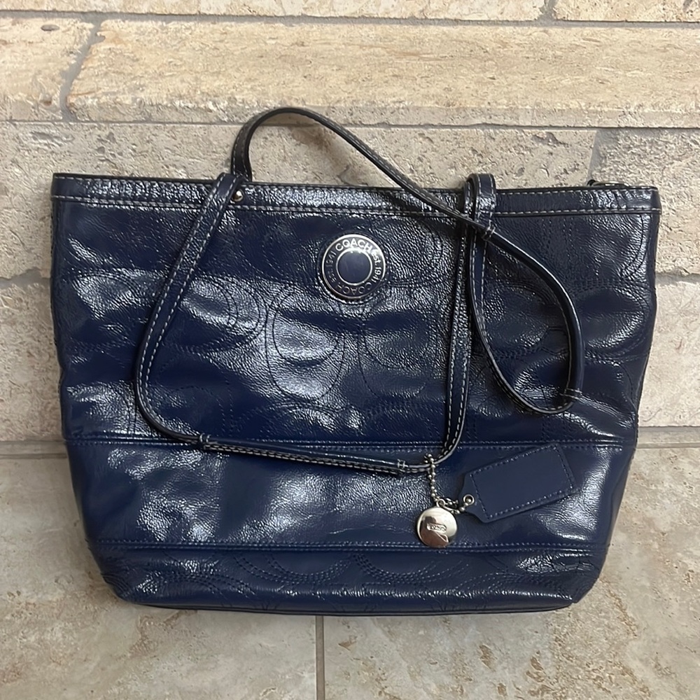 Coach Blue Patent Leather Tote Signature Stripe Stitched
